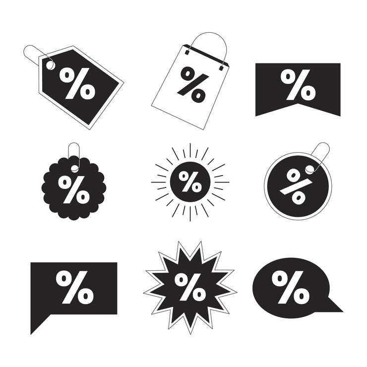 Discount deal black and white 2D line cartoon price tags bundle Buy percent isolated vector outline stickers sale holiday Percentage monochromatic flat spot illustration set retail promotion labels