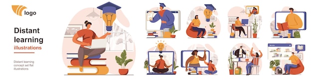 Distant learning concept isolated person situations Collection of scenes with people students study