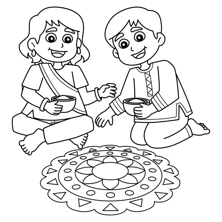 Vektor diwali festival kids making a rangoli isolated