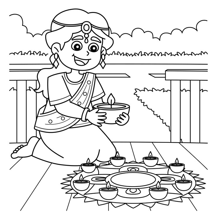 Vektor diwali girl holding a diyas isolated coloring page