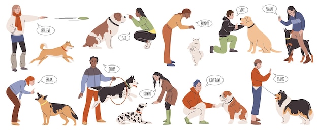 Dog training Cartoon obedient pets carry out dog different handler commands owner trains animals outdoor puppy active teaching on professional playground tidy vector cartoon flat set