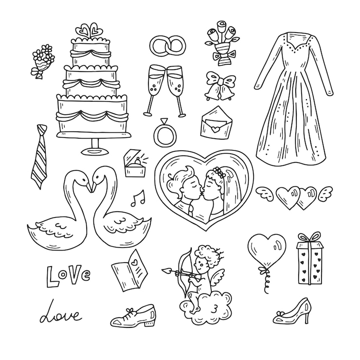 Vektor doodle wedding elements collection