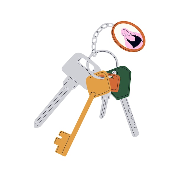 Door key ring chain with hanging bunch and photo locket pendant Keychain keyring Apartment room house locking and unlocking accessories Flat vector illustration isolated on white background