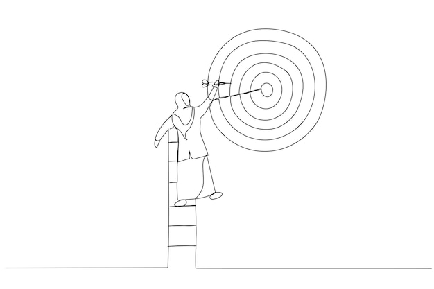 drawing of businesswoman climb up ladder high into the sky to aiming for perfect bullseye target dartboard metaphor for aspiration to achieve target business goal one line style art