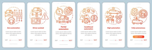 Driverless car stages onboarding mobile app page screen with linear concepts