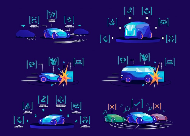 Driverless cars flat color vector illustrations set. Self driving vehicles on blue background. Autonomous automobile advantages, smart control systems, different automation modes and damage protection