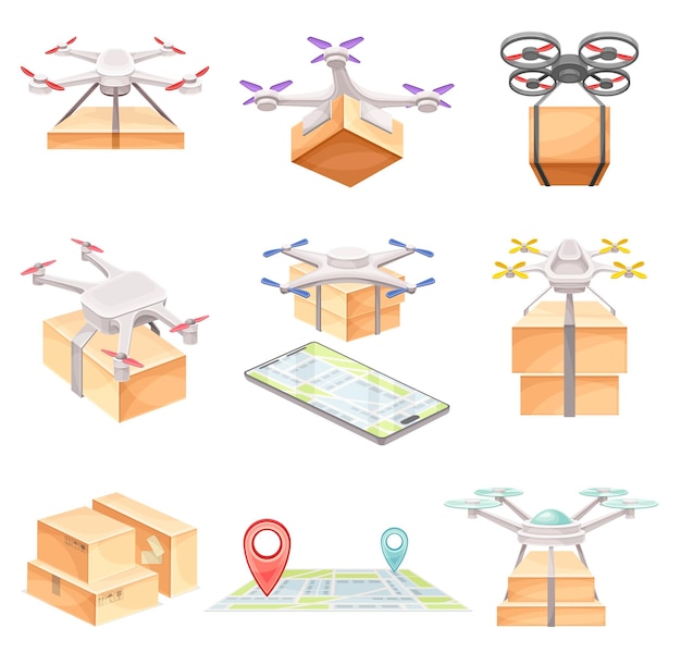 Drone flying with parcel boxes set Modern delivery service technology vector illustration
