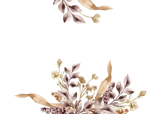 Dry herbs monochrome in sepia watercolor Border of abstract leaves on branch in maroon color isolated Wild plants hand drawn Design of branding package printed products wedding invitation
