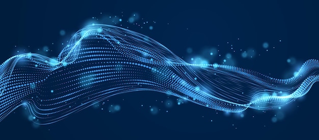 dynamic particles sound wave flowing over dark. dotted curves vector abstract background. beautiful 3d wave shaped array of shining blended points.