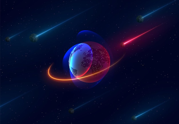 earth planet realistic 3d, abstract background with comets and asteroids. vector illustration