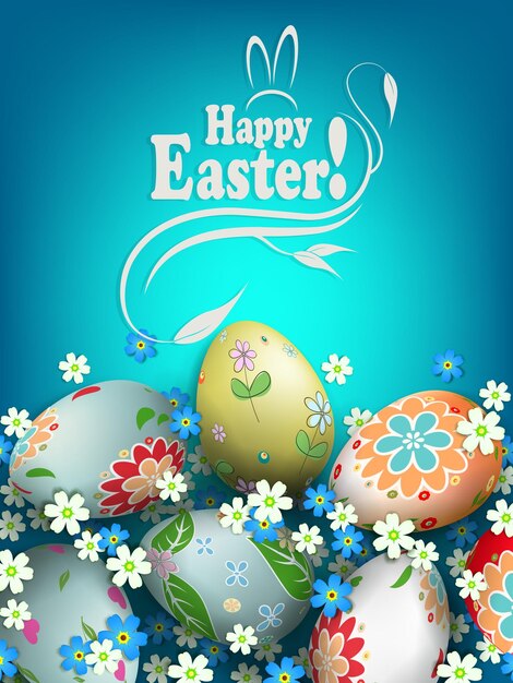 Easter blue composition with eggs with a beautiful different pattern and colors in white and blue.