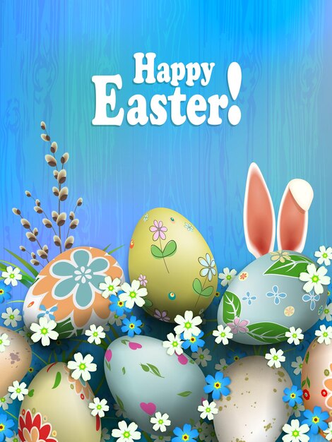Easter composition in a light blue hue with magnificent eggs, flowers, a willow branch and rabbit ears.