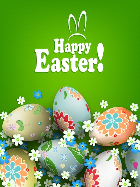 Easter green texture composition with eggs with a beautiful different pattern and flowers
