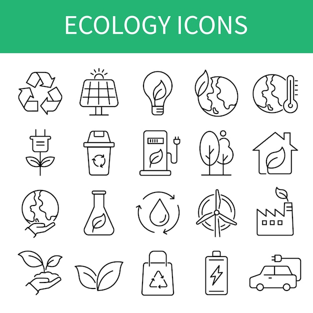 ecology and energy outline icons isolated on white background saving support and solution