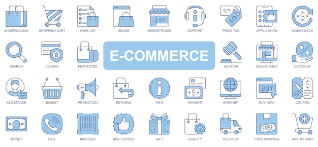 Ecommerce icons set in duotone outline stroke design for web Pack pictograms of shopping bag cart wish list marketplace support price tag search auction shop other Vector illustration
