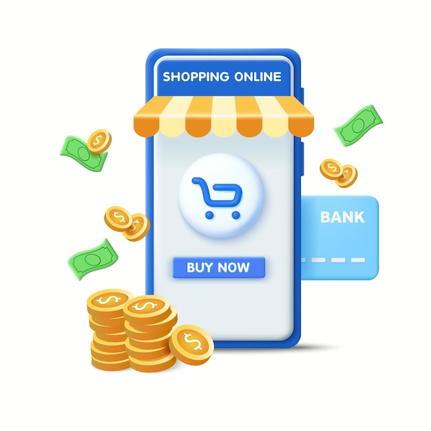 Ecommerce web banner with 3d smartphone illustration with credit card icons pump out of screen.