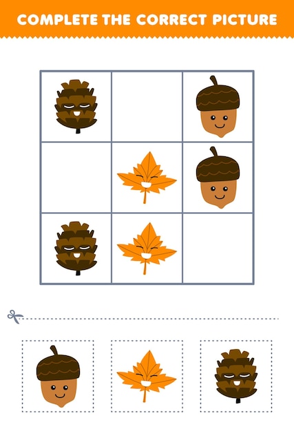 education game for children complete the correct picture of a cute cartoon nut leaf and pinecone printable nature worksheet