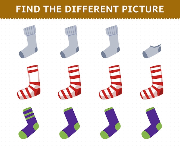 Education game for children find the different picture in each row cartoon wearable clothes socks