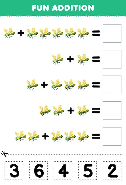 education game for children fun addition by cut and match correct number for cute cartoon dragonfly printable bug worksheet