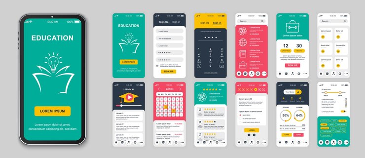 Vektor education mobile app screens set for web templates pack of login different lessons progress statistics calendar schedule other mockups ui ux gui user interface kit for layouts vector design
