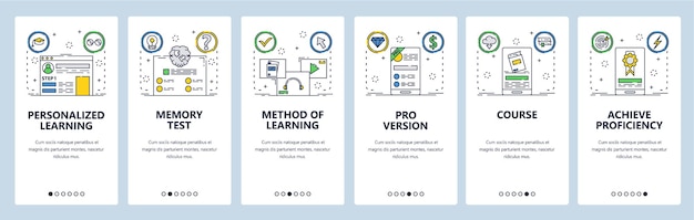Education web site and mobile app onboarding screens Menu banner vector template for website and application development Personalized learning online course mobile learning Thin line flat style