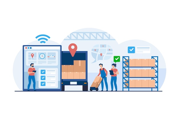 Efficient Logistics Team Managing Supply Chain Operations Streamlined Coordination and Inventory Control in Modern Warehousing for Optimized Shipping and Distribution Solutions Vector Illustration