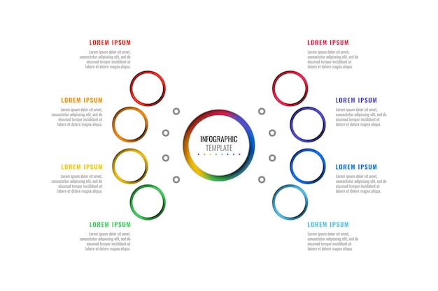 Eight steps design layout infographic template with round multicolor elements on a white background