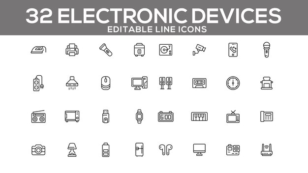Electronic Devices Line Icons Set Editable Tech and Gadget Icons for Web and App Design