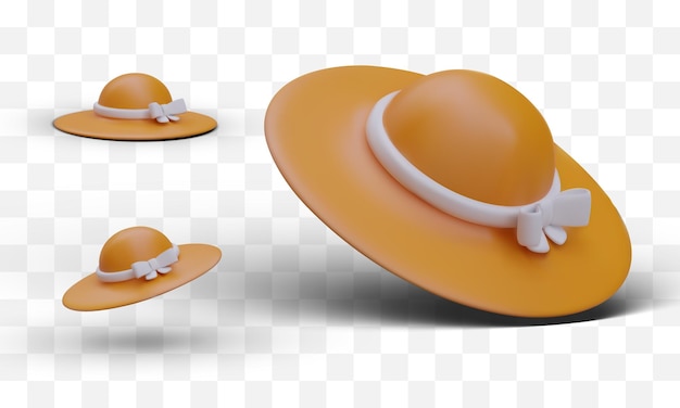 Elegant women hat with wide brim and bow Set of 3D hats for summer Wide brimmed yellow panama Realistic women accessory from different sides Vector collection isolated elements