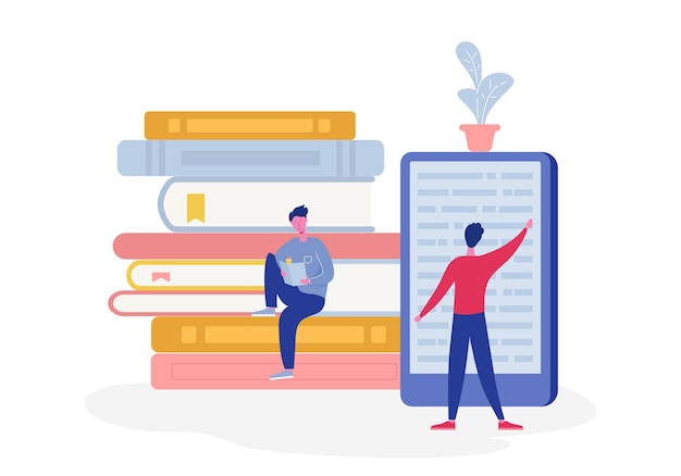 Elektronisk online bibliotekplakat med datamaskin og bøker, folk som leser eller studenter som studerer, e-bokleser, moderne litteraturfan-konsept. Flat tegneserie