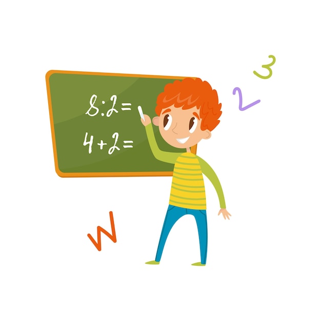 Elementary school student standing near the blackboard and writing mathematical examples education and knowledge concept colorful cartoon character vector Illustration on a white background