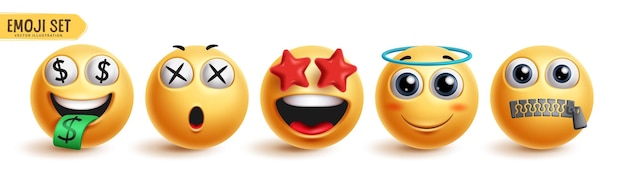 emoji characters vector set emoticon 3d face collection in happy rich amaze kind and quite