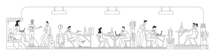 Employees working in creative office thin line . Workers at business center outline