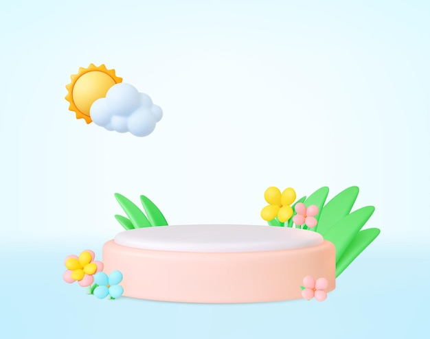 empty 3d exhibition stand with cloud and sun and blooming flowers with grass decorative blank stand render elements graphic vector banner