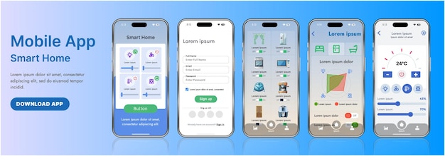 En elegant mal for et smart hjem-applikasjonsgrensesnitt med moderne ikoner og en gradient design. Inkluderer navigasjonsmenyer for å administrere enheter, overvåke sikkerhet og kontrollere temperatur.