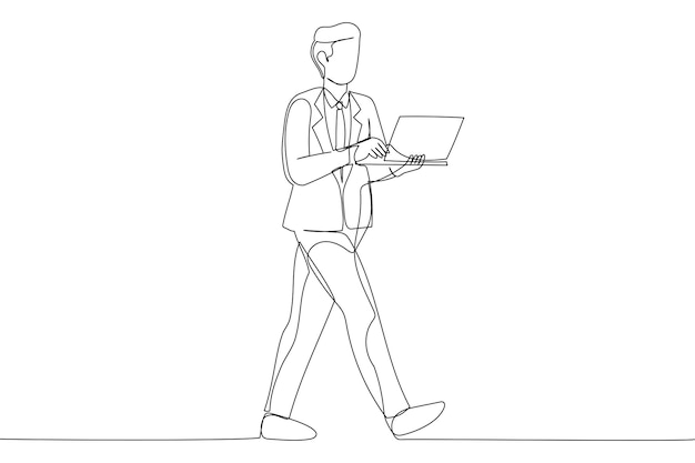 En linje Illustrasjon av ung forretningsmann glad gå type rapport chat laptop isolert over hvit bakgrunn
