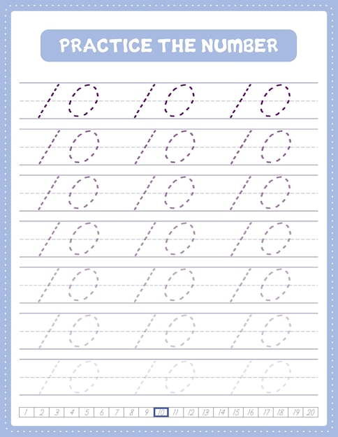 English cursive number tracing handwriting Practice worksheet with arrow direction number 10