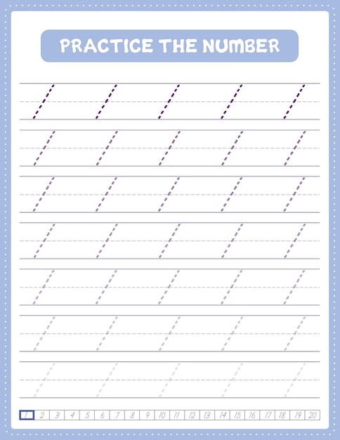 English cursive number tracing handwriting Practice worksheet with arrow direction number 1