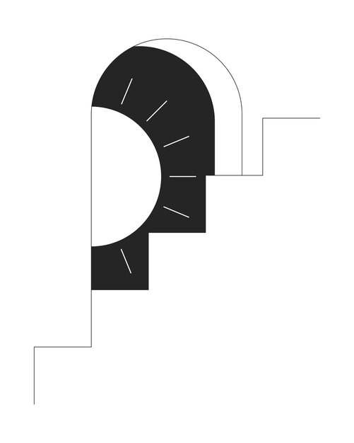 Entrance arch with peeping sun behind staircase flat line black white vector concept