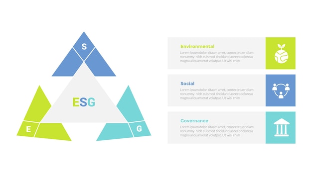 esg environmental social governance infographics template diagram with arrow triangle on circle 3 point step creative design for slide presentation vector