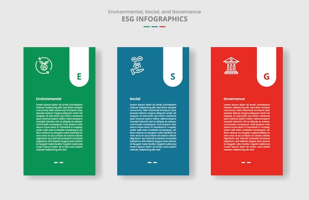ESG sustainability concept for infographic with drop shadow style with vertical box with round badge on top with 3 point list information