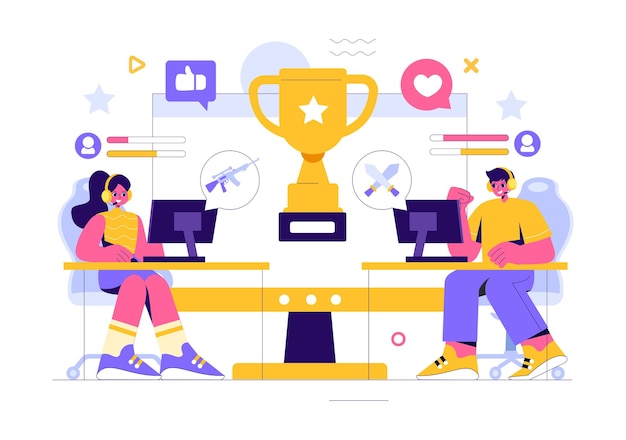 Esports Vector Illustration featuring a Gamer in Virtual Reality Playing Online Games on Consoles or Using a Joystick with a Gamepad in a Background