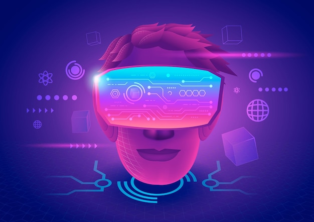 Et mannshode bruker VR virtual reality-briller og opplevelser av metaverse virtuelle verden
