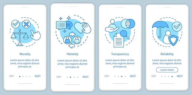 Ethical principles onboarding mobile app page screen vector template. Morality, transparency, reliability. Walkthrough website steps with linear illustrations. UX, UI, GUI smartphone interface concept
