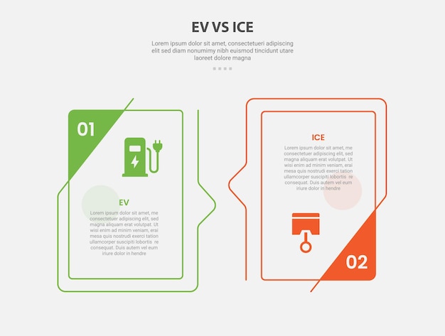 EV vs ICE technology infographic outline style with 2 point comparison template with creative box with bookmark badge on side for slide presentation