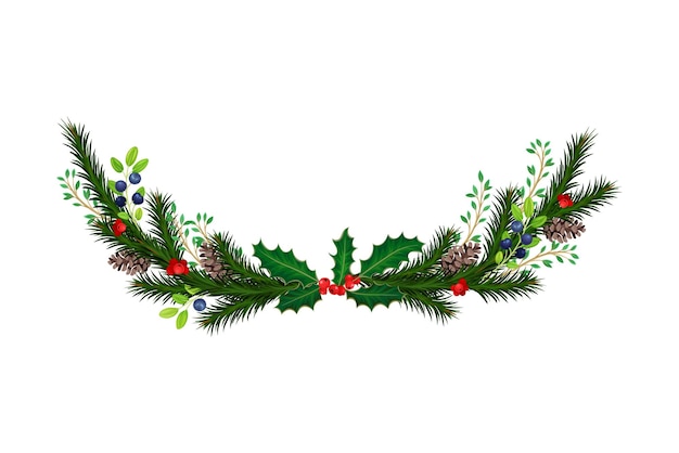evergreen branches of coniferous tree and holly arranged in semicircular vector composition