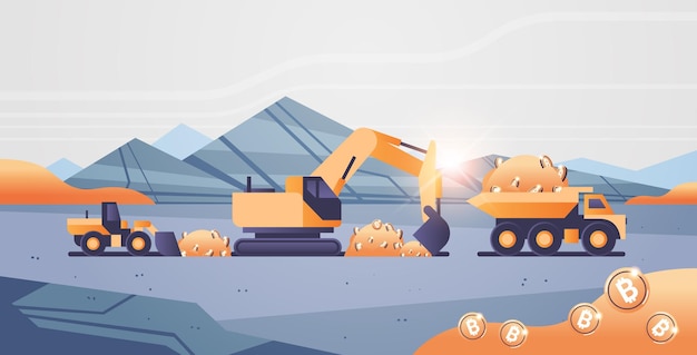 excavator loading bitcoins on heavy truck mining transport golden coin digital money production cryptocurrency blockchain concept opencast stone quarry horizontal vector illustration