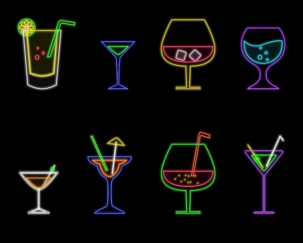 Exotic cocktails neon sign Summer and vacation design Night glowing neon sign colorful billboard