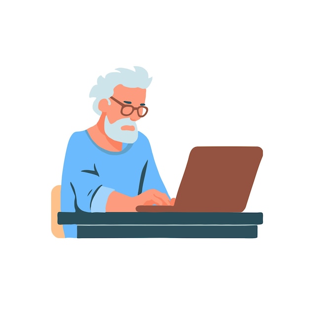 Experience the timeless allure of technology with the illustration of an old man typing at a laptop