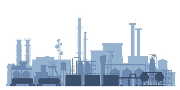 Factory silhouettes landscape Gas fuel or oil production Cisterns and pipes giant industrial complex Isolated flat factories recent vector banner